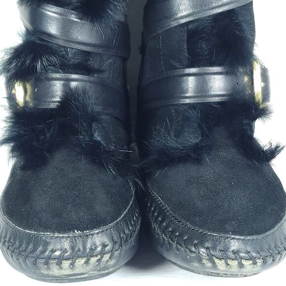 Tory Burch Women's Jaden US8 Black Rabbit Fur Lined Leather Suede Winter Boots - Picture 4 of 16